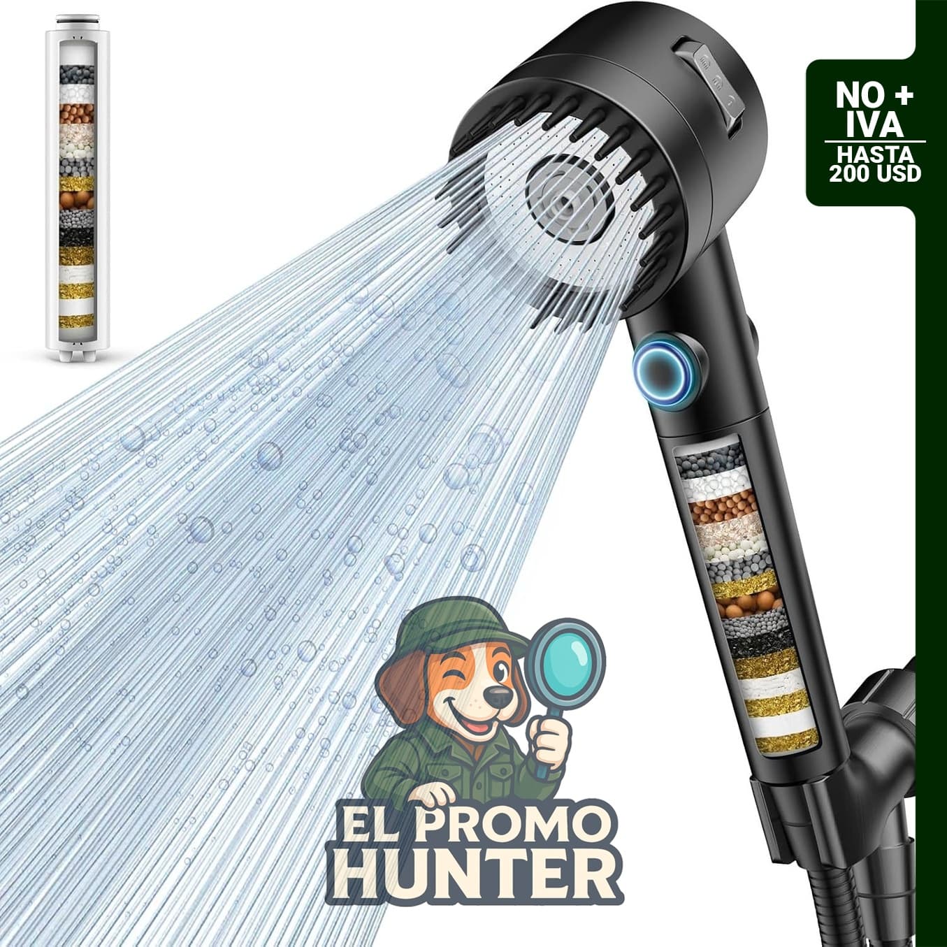 Cabezal de ducha filtrado con mango, 5 modos de rociado, incluye filtros para agua dura y interruptor de encendido/apagado.