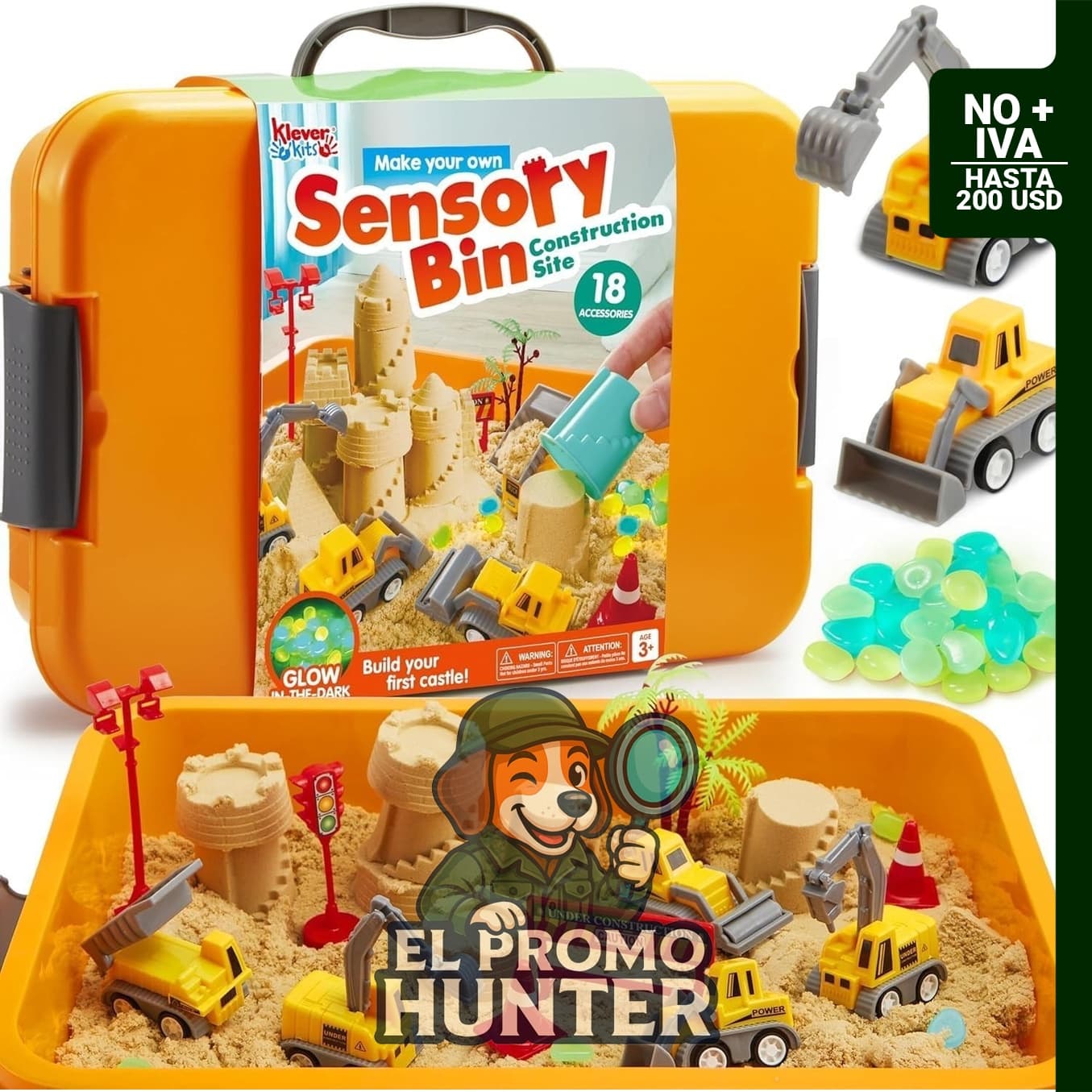 Klever Kits Contenedor sensorial infantil con kit de construcción de castillo y piedras que brillan en la oscuridad.