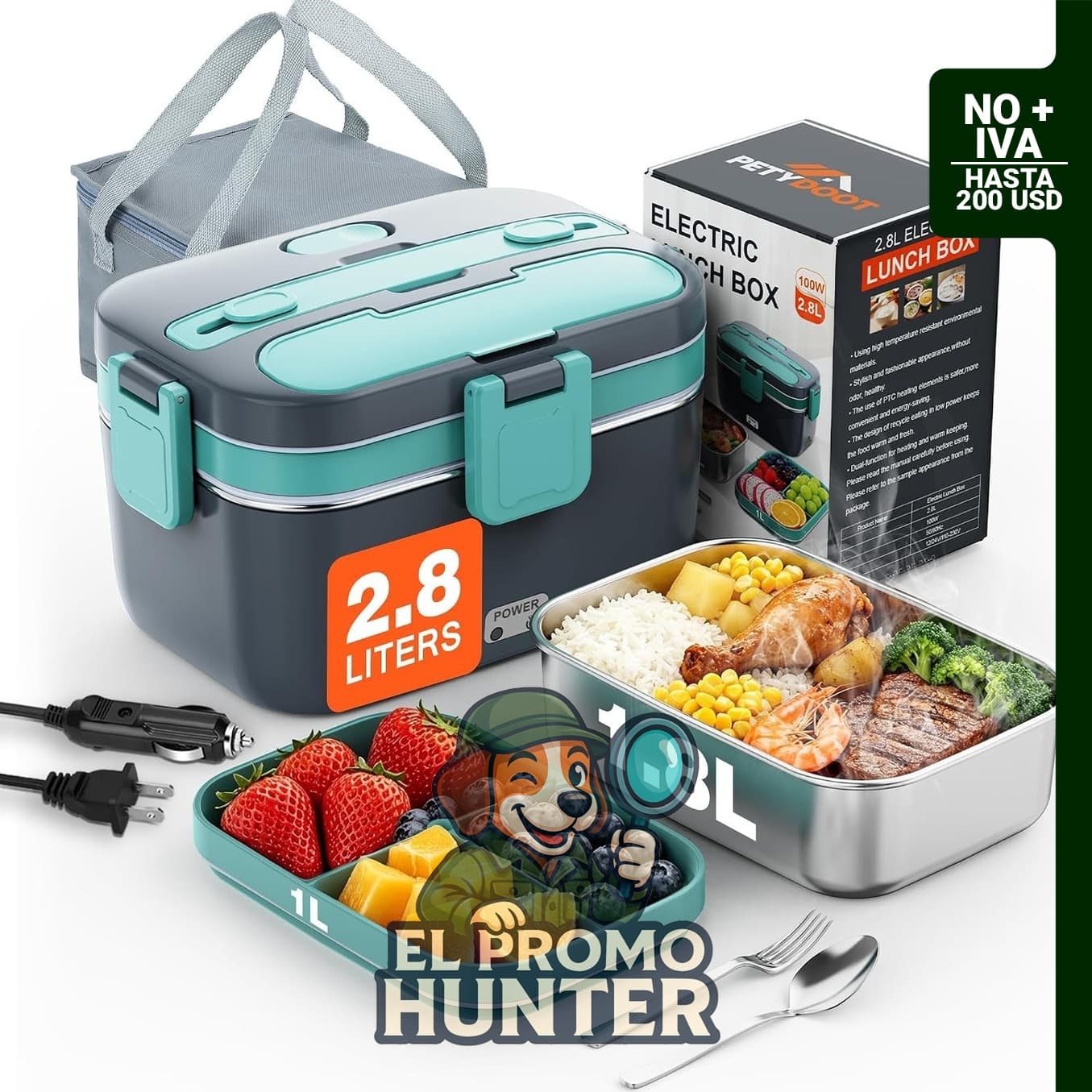 Lonchera eléctrica PETYDOOT de 2.8 L, calentador de alimentos portátil de 100 W, apto para lavavajillas.