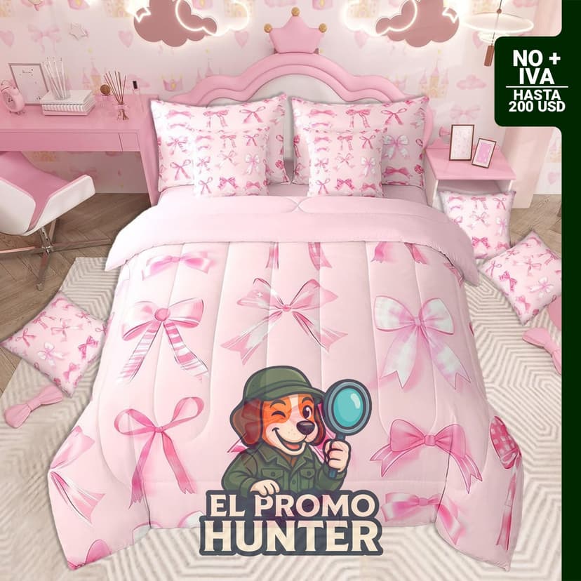 Juego de cama infantil de 7 piezas en color rosa con lazos.