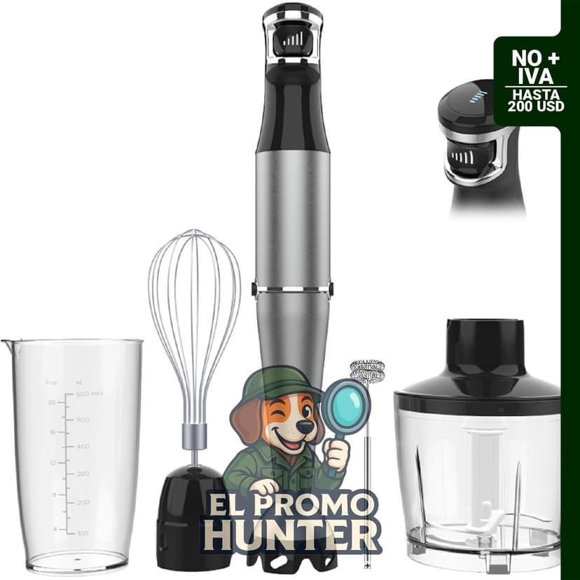 Batidora de inmersión de mano Turelar, 1100W, con velocidad variable y accesorios para emulsión y picado.