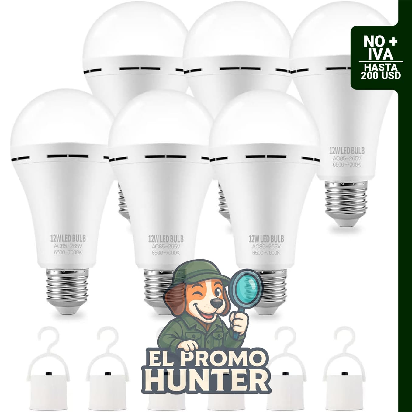 Bombilla recargable de emergencia LED con gancho, se mantiene encendida.