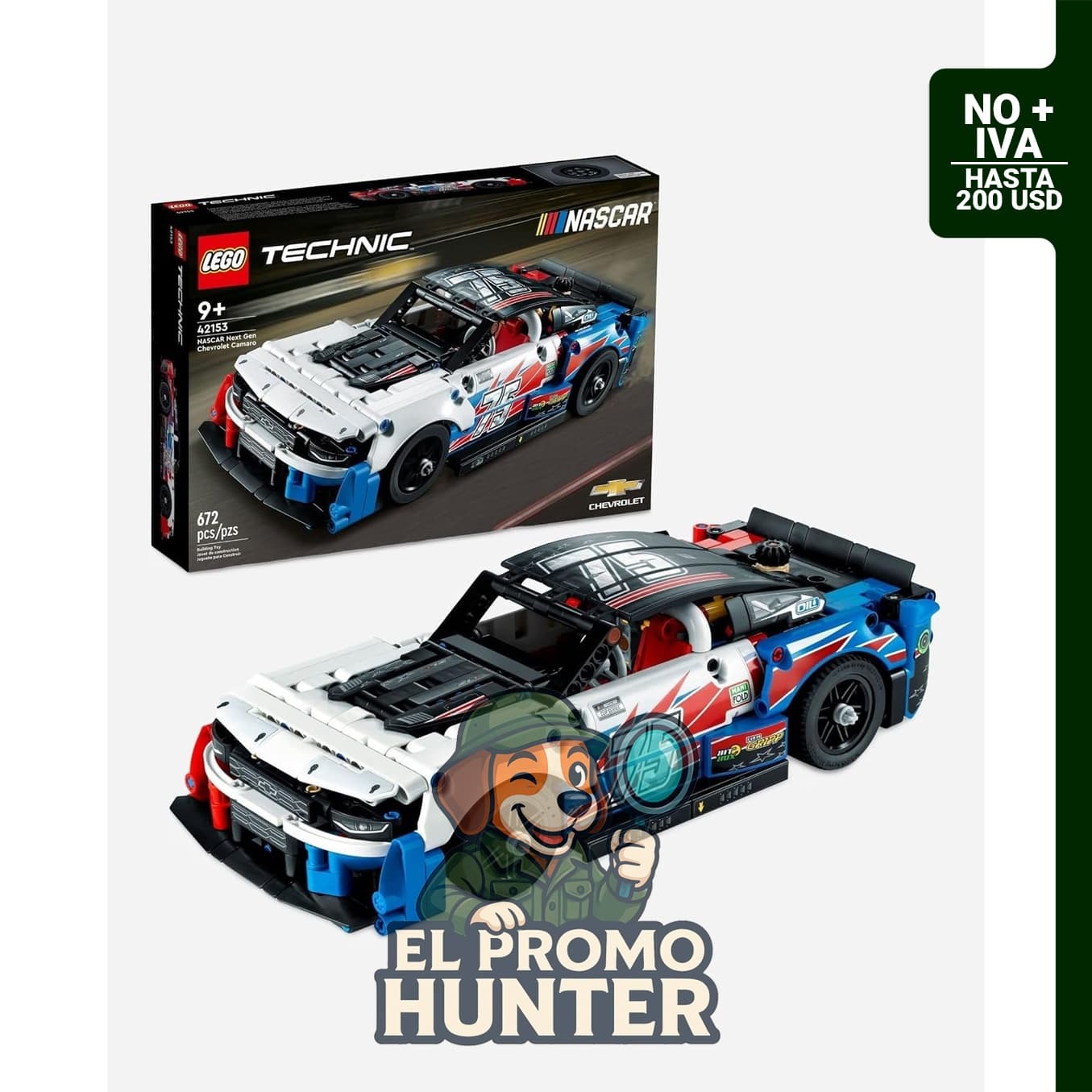 LEGO Technic NASCAR Next Gen Chevrolet Camaro ZL1, modelo de auto de carreras a escala con 672 piezas y motor V8.