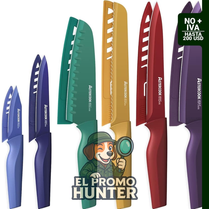 Astercook Juego de cuchillos de cocina de 12 piezas, incluye 6 cuchillos de chef de acero inoxidable con revestimiento antióxido y 6 protectores.