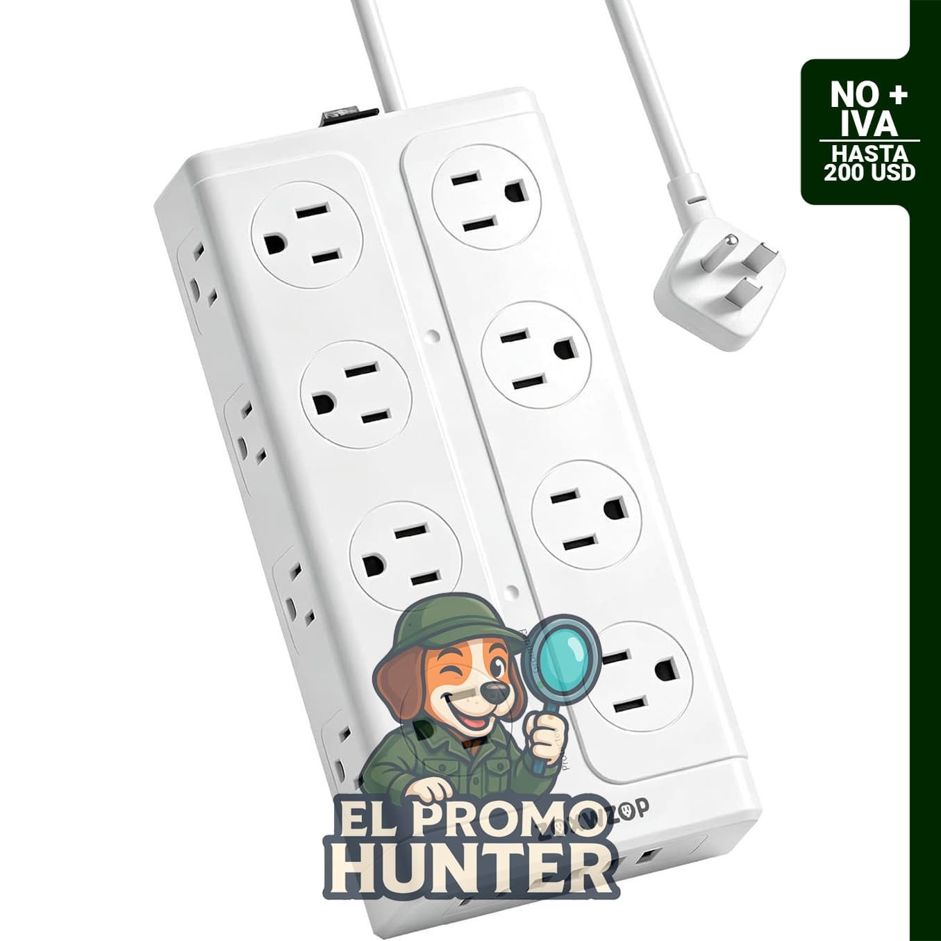 Regleta protectora de sobretensiones con 16 tomas y 6 puertos USB (2 USB C), protección de 1850J.