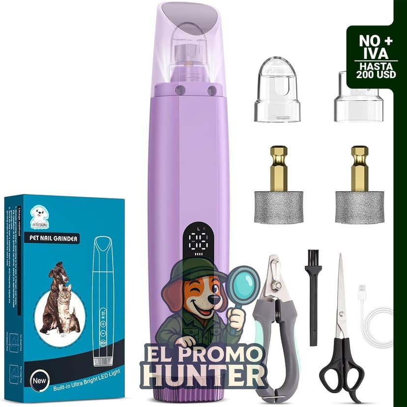 ATESON Molinillo de uñas eléctrico para perros con luz LED, 6 velocidades, motor potente y batería de 2000 mAh.