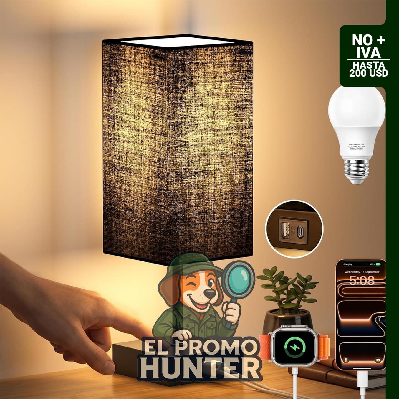 Lámpara de mesita de noche con pantalla de tela de tetragón de lino, incluye dos puertos USB para carga.