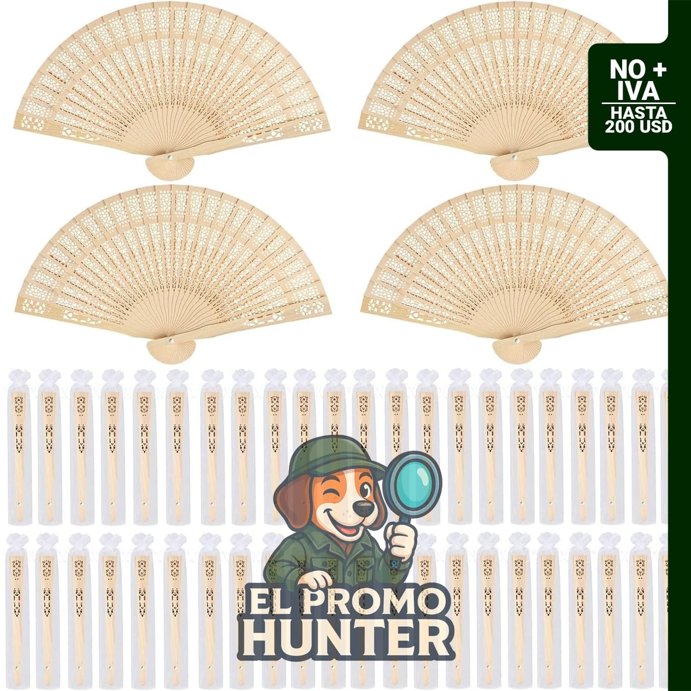 Paquete de 48 ventiladores plegables de madera de sándalo de 20 cm con bolsas de organza.