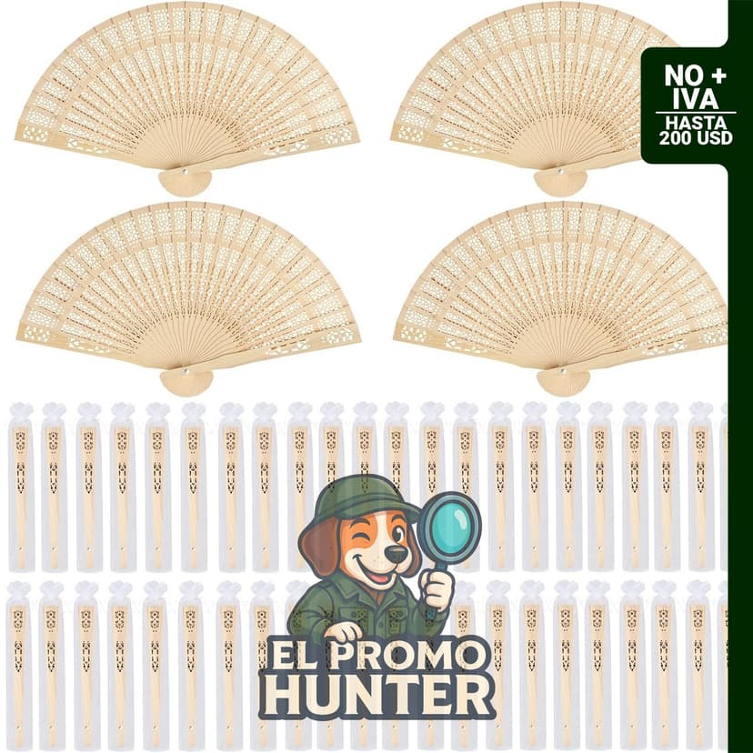 Paquete de 48 ventiladores plegables de madera de sándalo de 20 cm con bolsas de organza.
