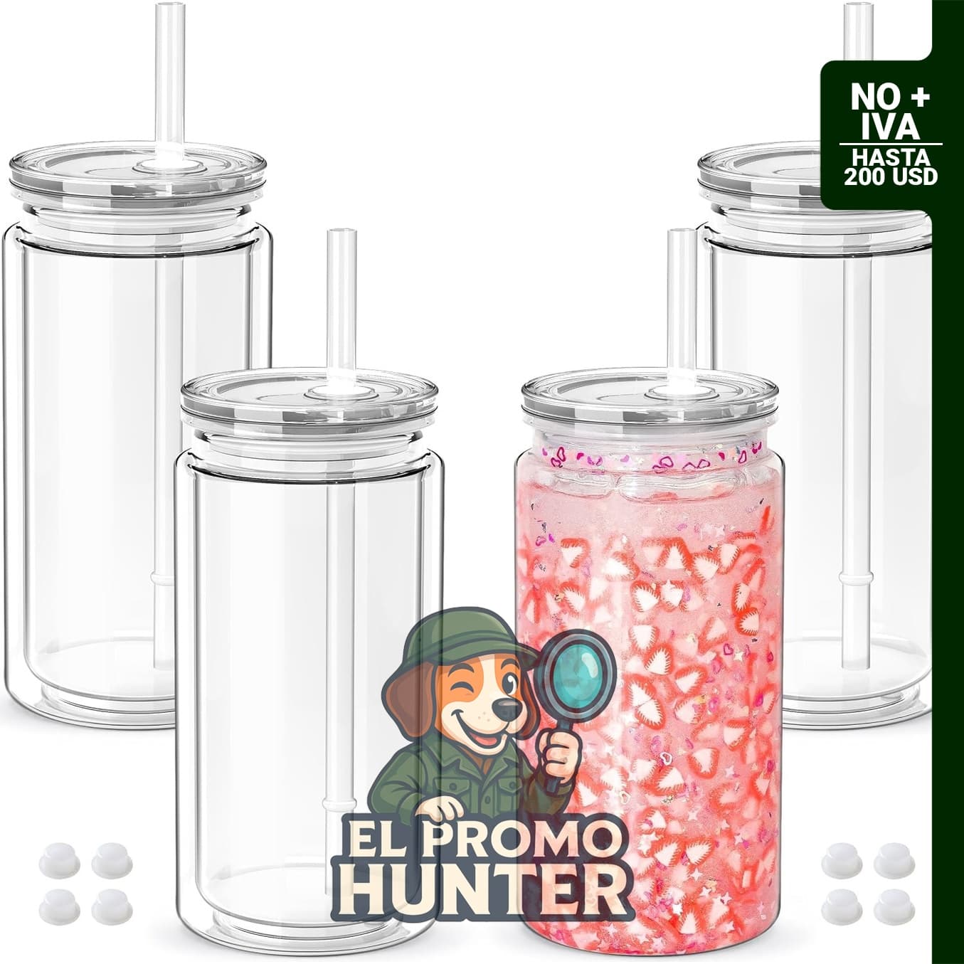 Paquete de 4 vasos de globo de nieve de 473 ml, transparentes de plástico de doble pared con tapa y pajilla.