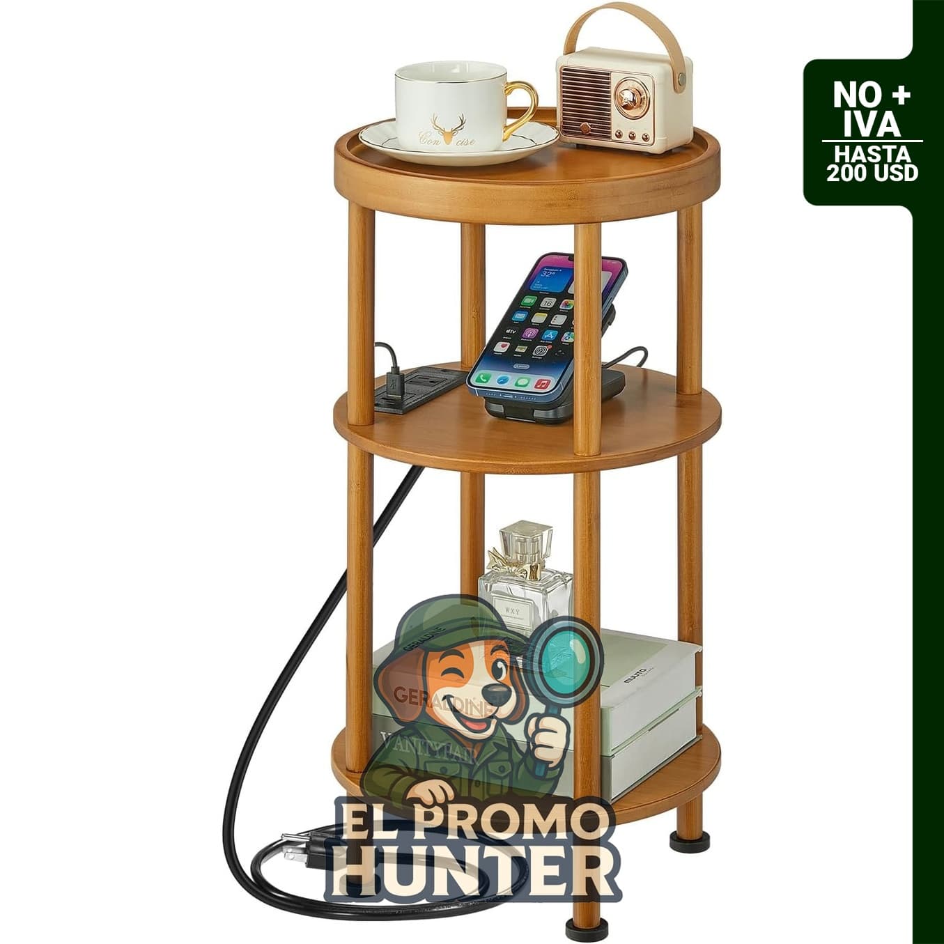 Mesa auxiliar redonda de bambú de 3 niveles con estación de carga, incluye puertos USB y tomas de corriente.
