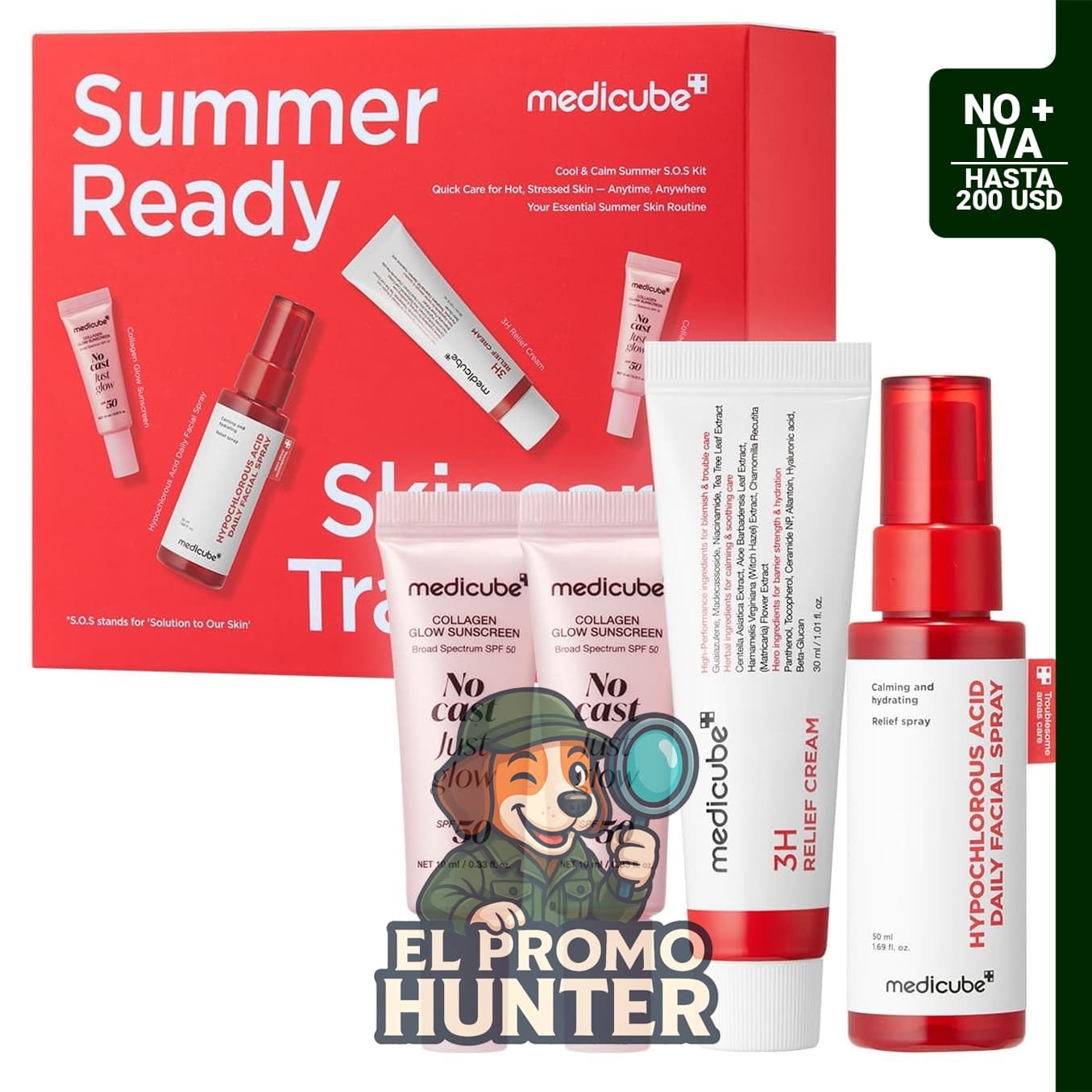 medicube Summer-Ready - Kit de viaje para el cuidado de la piel con aerosol HOCl, crema de alivio y protector solar SPF 50.