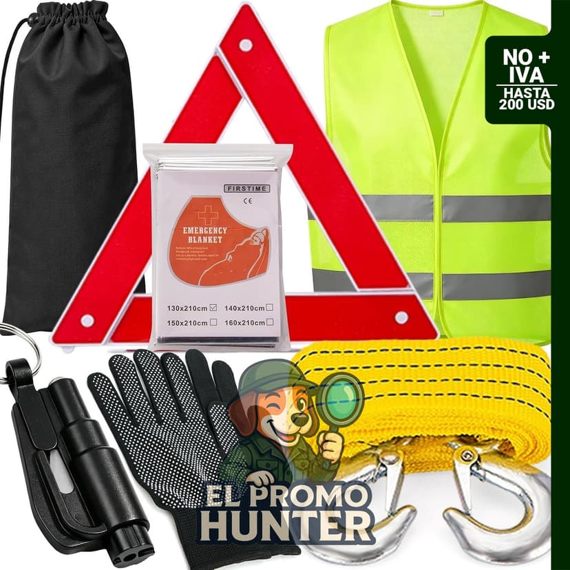 Kit de emergencia en carretera para automóviles, incluye accesorios de seguridad automotriz.