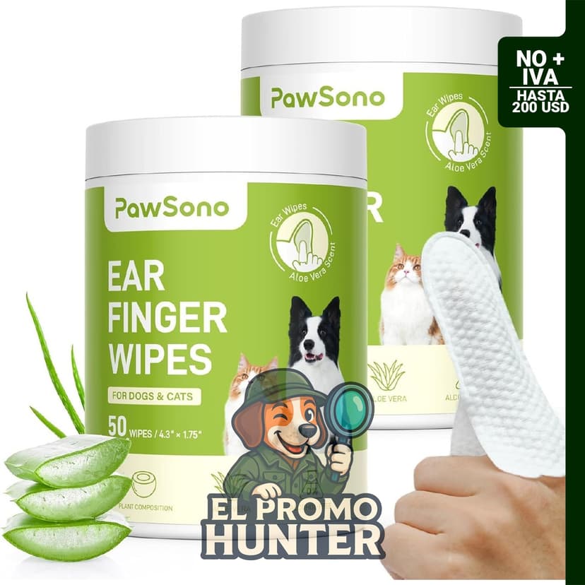 PawSono Toallitas Limpiadoras de Orejas para Perros y Gatos, más gruesas y naturales.