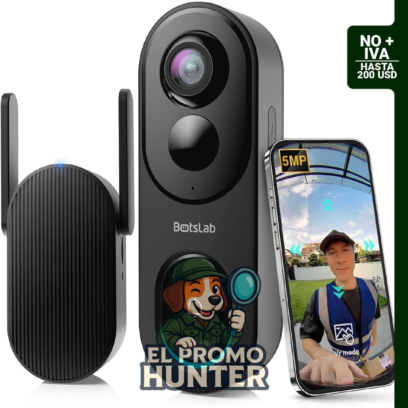 BOTSLAB Timbre inalámbrico de 5 MP con vista de 180° y detección de paquetes.