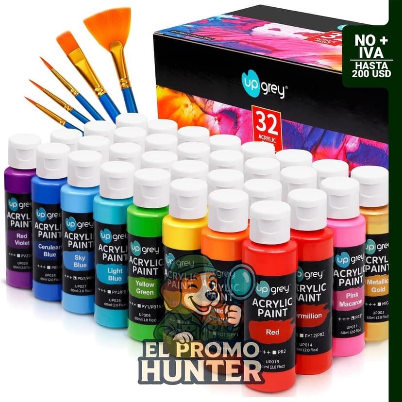 UPGREY juego de pintura acrílica de 32 colores, 2 oz cada uno, incluye 5 pinceles.
