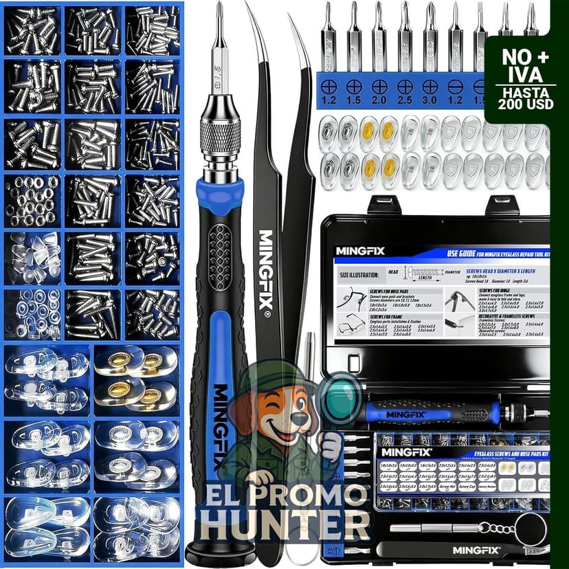 Kit de reparación MINGFIX para gafas y lentes de sol, incluye tornillos, almohadillas y destornilladores.