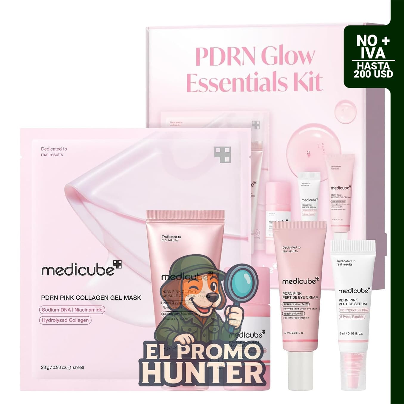 Medicube PDRN Glow Essentials Kit Mini, set de viaje para el cuidado de la piel con rutina de 5 pasos.