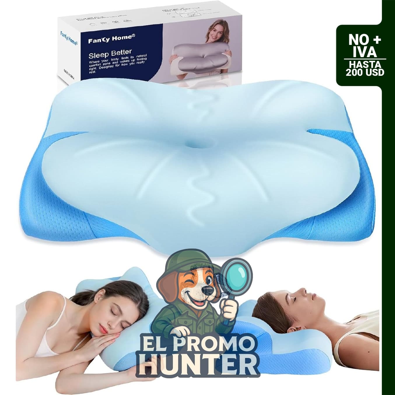 Almohada cervical de espuma viscoelástica para dormir de lado y espalda, dimensiones 59.7 x 36.8 x 14 cm.