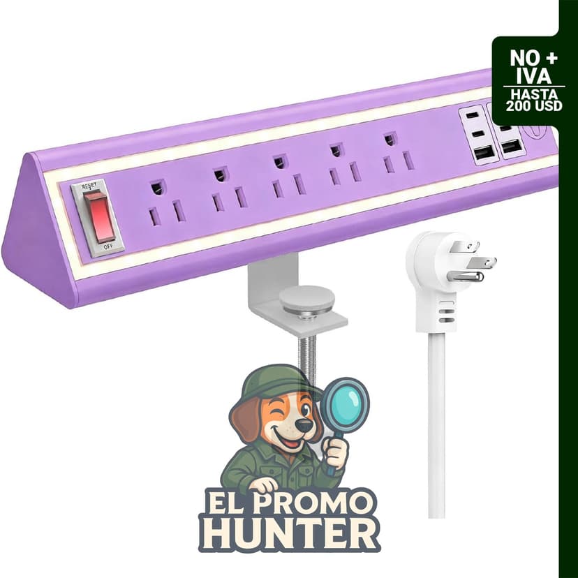 Regleta de alimentación con abrazadera de escritorio, 5 salidas de CA, 4 puertos USB-C (20 W cada uno) y 2 puertos USB.