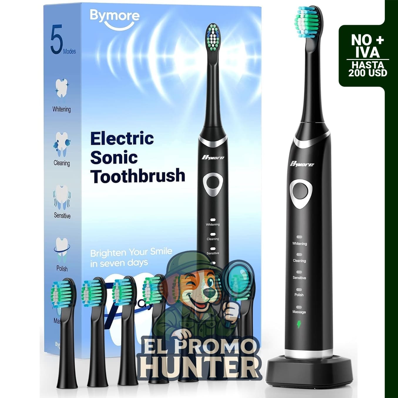 Bymore Cepillo de dientes eléctrico sónico recargable con 8 cabezales, batería de 330 días y 5 modos de limpieza.