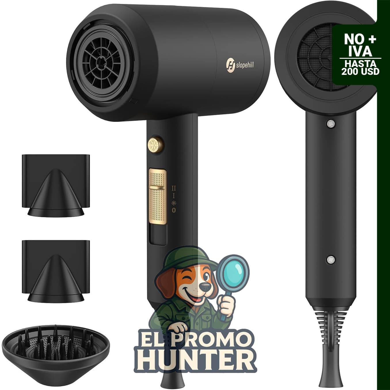 Slopehill Secador de pelo iónico profesional 1800 W, incluye 2 boquillas concentradoras y 1 difusor.