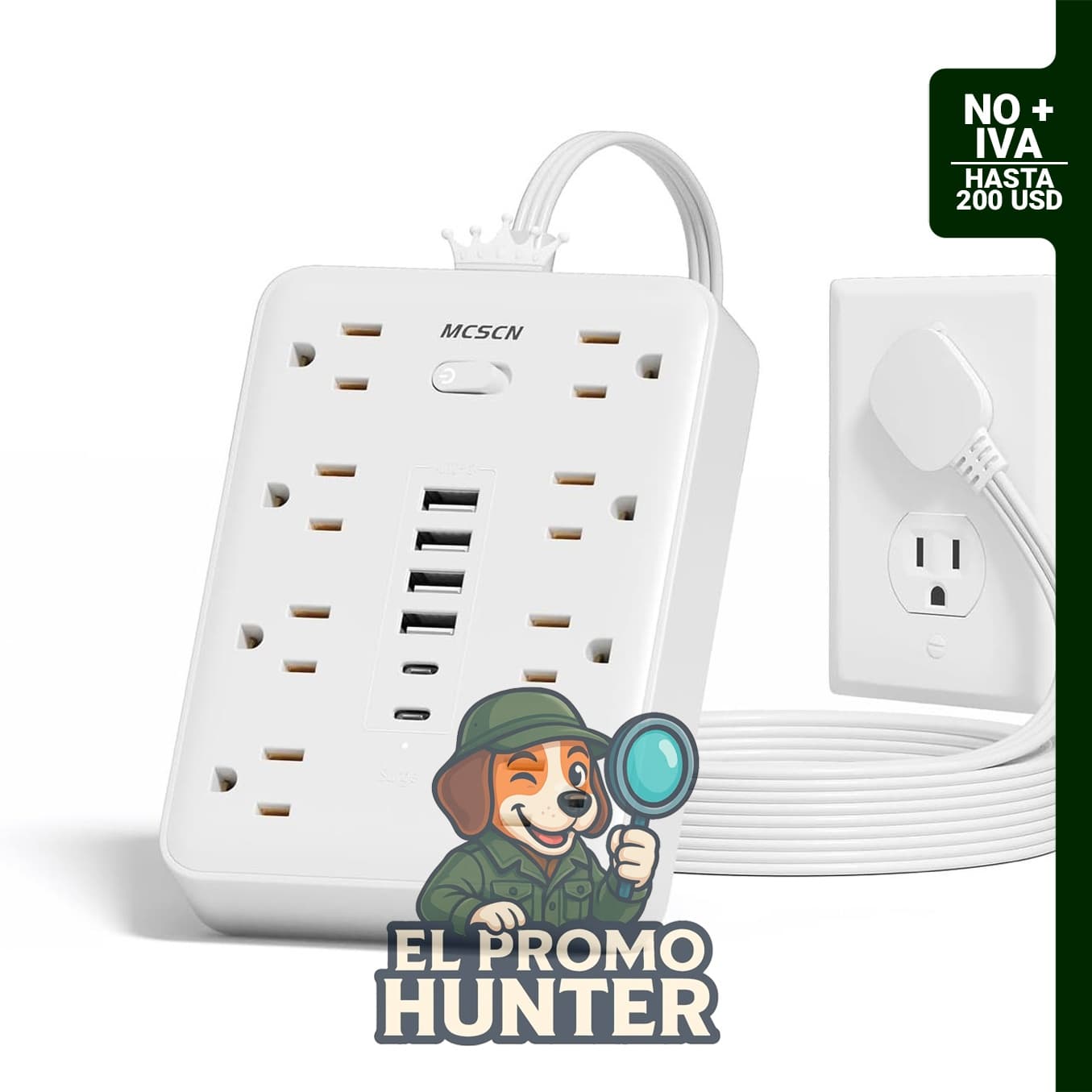 Regleta protectora de sobretensiones MCSCN con 8 tomacorrientes y 6 puertos USB, 900J de protección.