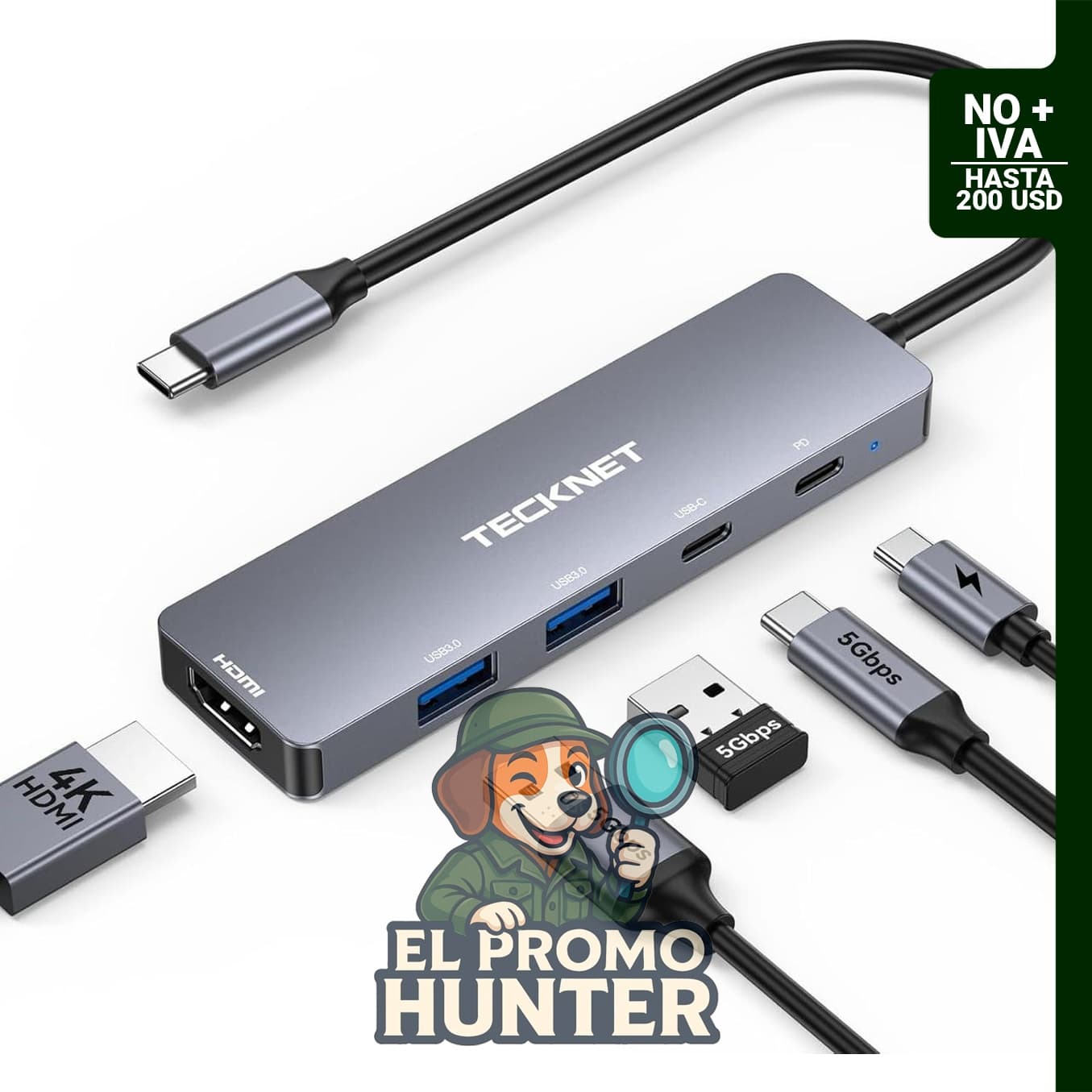 TECKNET Hub USB C 5 en 1, adaptador HDMI a USB C 4K 60Hz, carga PD 100 W