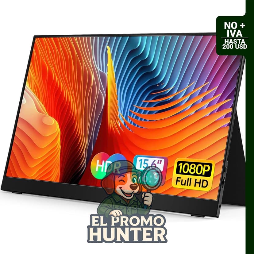 VILVA Monitor portátil de 15.6" (39.6 cm) con resolución 1080P FHD, conexiones USB-C y HDMI, incluye cubierta y altavoces.