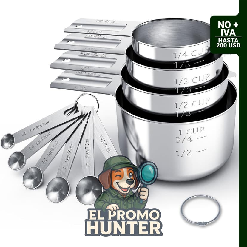 Juego de tazas y cucharas medidoras de acero inoxidable.
