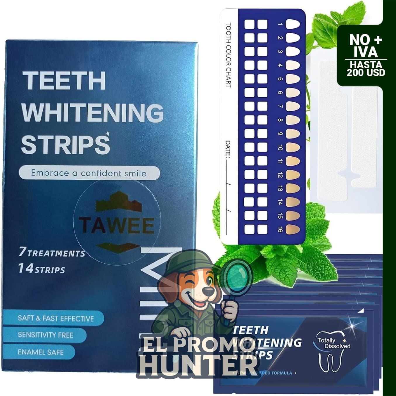 TAWEE Tiras blanqueadoras dentales sin peróxido, 14 tiras para eliminar manchas amarillas.