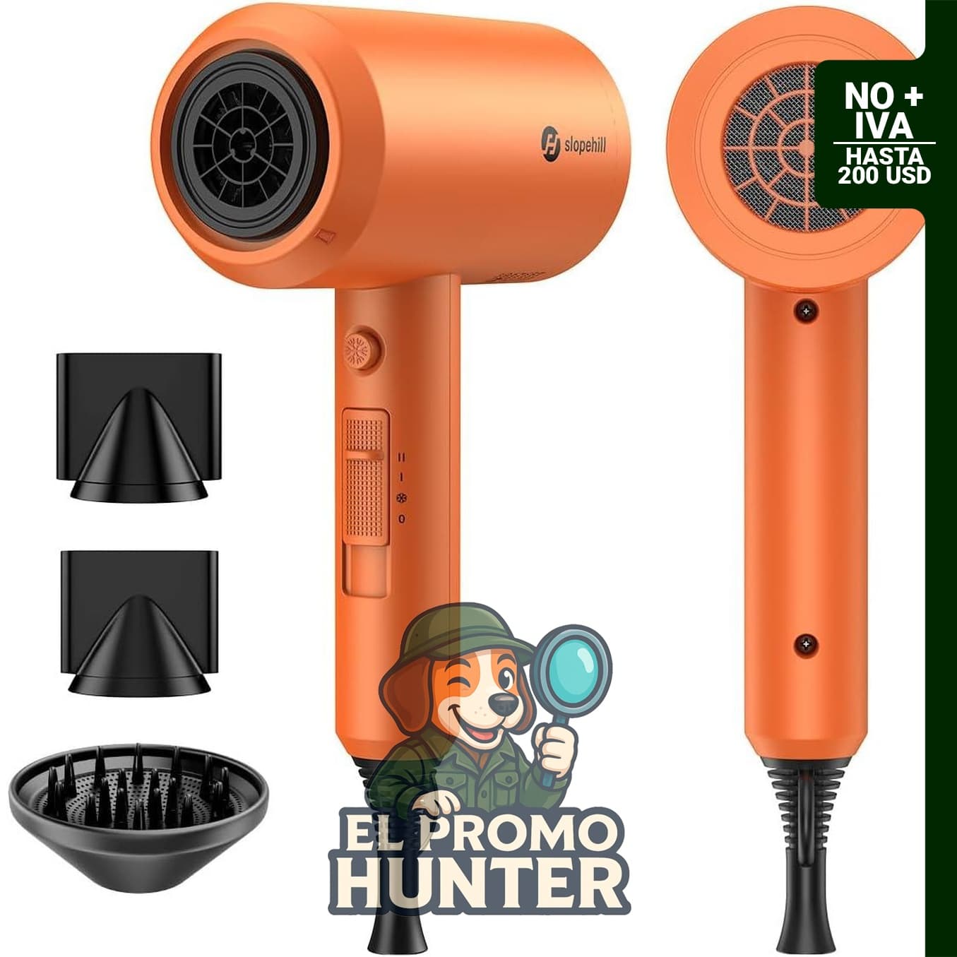 Secador de pelo iónico profesional Slopehill, 1800 W, incluye 2 boquillas concentradoras y 1 difusor.