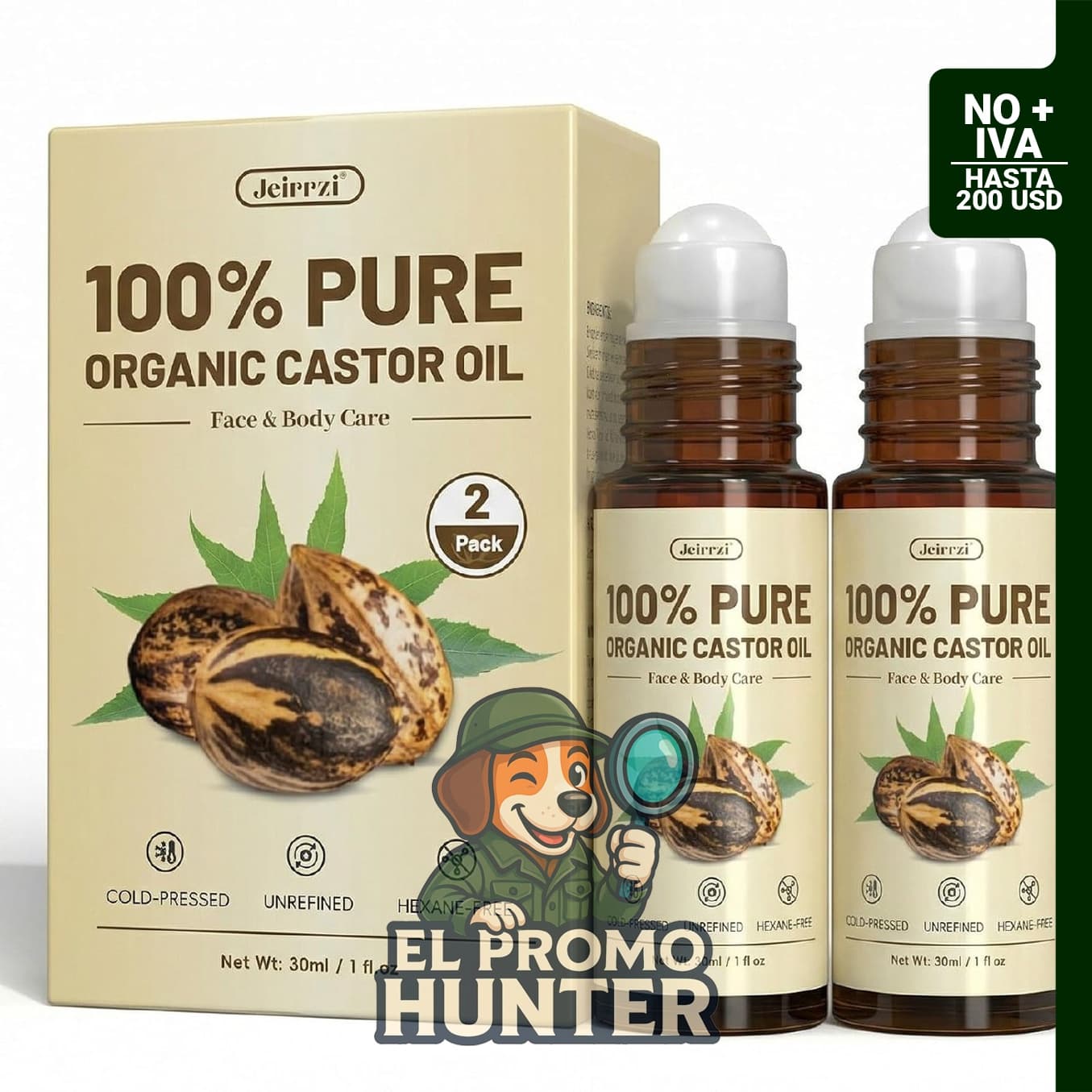 Aceite de ricino orgánico roll-on 100% puro en botella de vidrio, aplicador doble para cara y cejas.