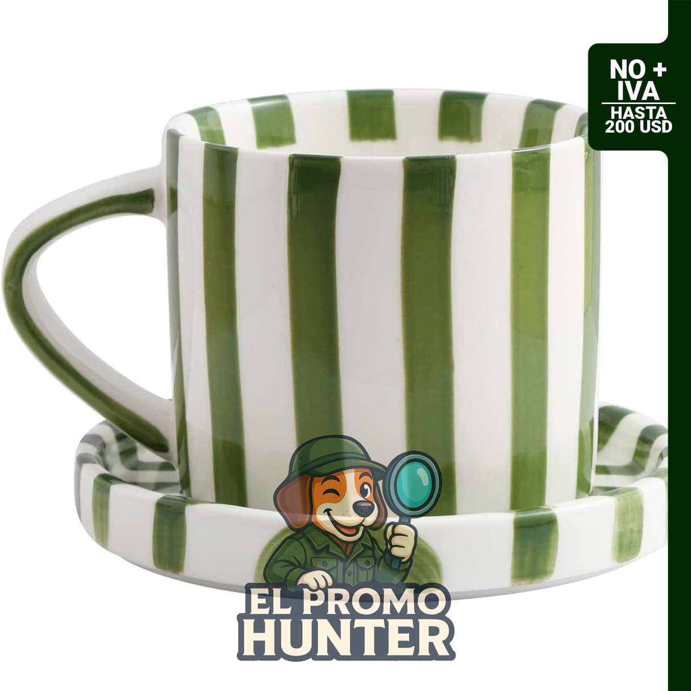 Juego de tazas y platillos pintados a mano con rayas verdes, cerámica de 8 oz.