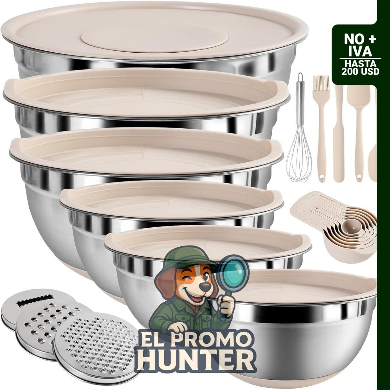 Juego de tazones de acero inoxidable con tapas herméticas, incluye 6 cuencos y 3 accesorios para rallar.