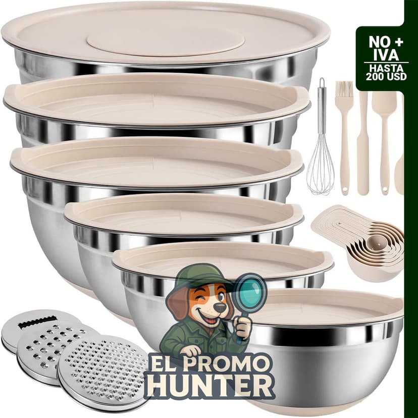Juego de tazones de acero inoxidable con tapas herméticas, incluye 6 cuencos y 3 accesorios para rallar.