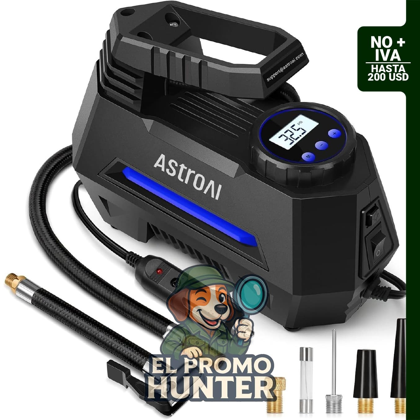 AstroAI Inflador de neumáticos, compresor portátil de 12 V CC con manómetro digital y luz LED de emergencia.