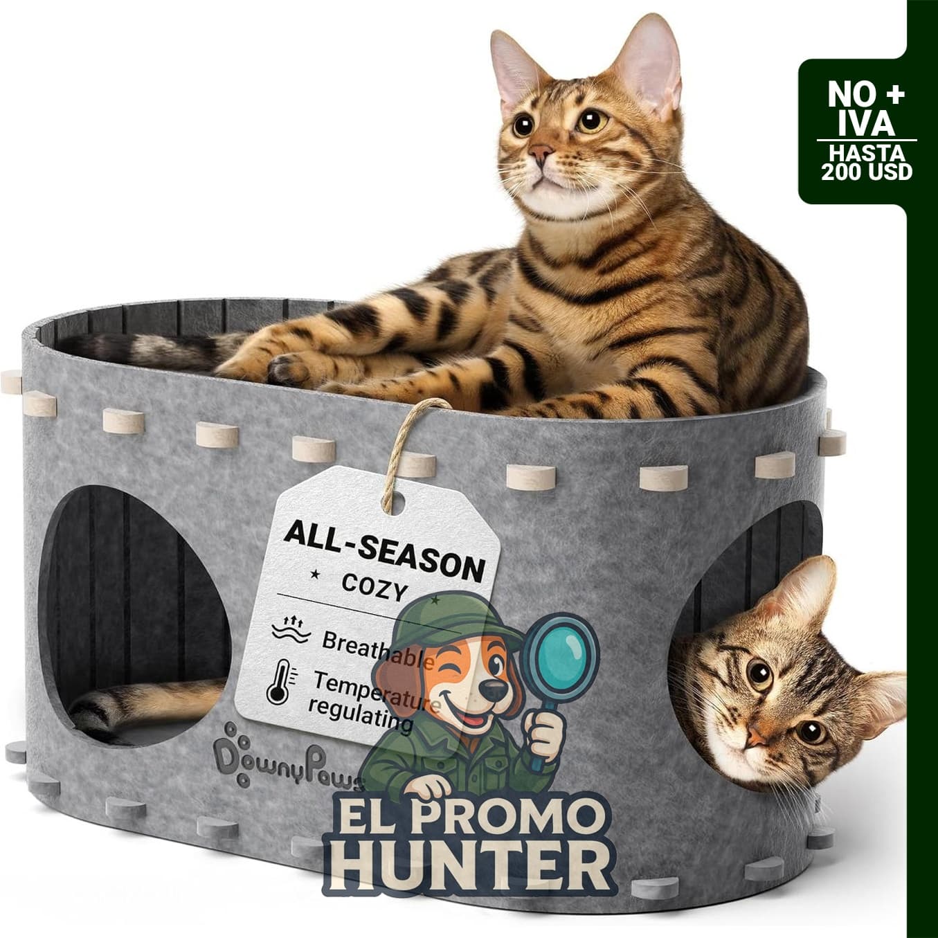 DownyPaws Casa para Gatos de Interior, cueva cama para gatos grandes de hasta 22 lb (10 kg), resistente a arañazos.