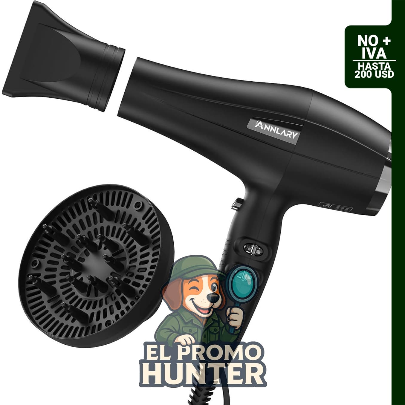 ANNALRY Secador de Pelo Iónico, 1875W, motor AC, cable de 2.5 m, incluye difusor y boquilla.