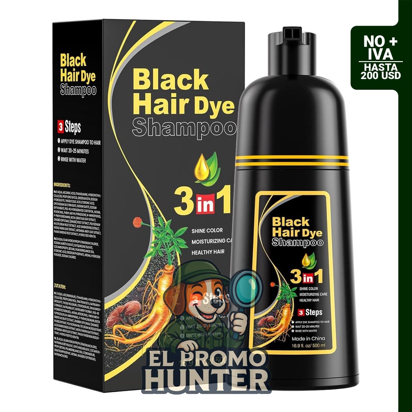 JUANCHI Champú de tinte negro 3 en 1, fórmula herbaria sin amoníaco para cobertura de canas.