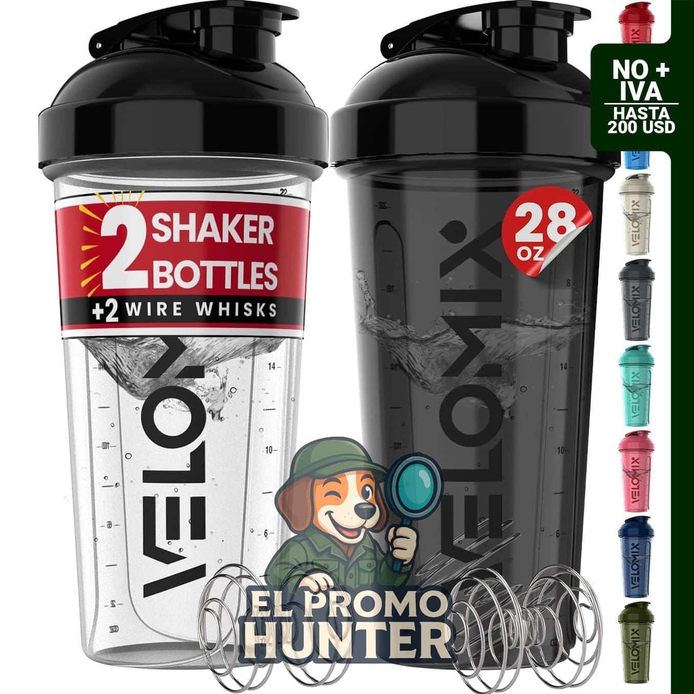 VELMIX - Paquete de 2 botellas mezcladoras de proteínas de 828 ml (28 oz) con batidor de alambre.