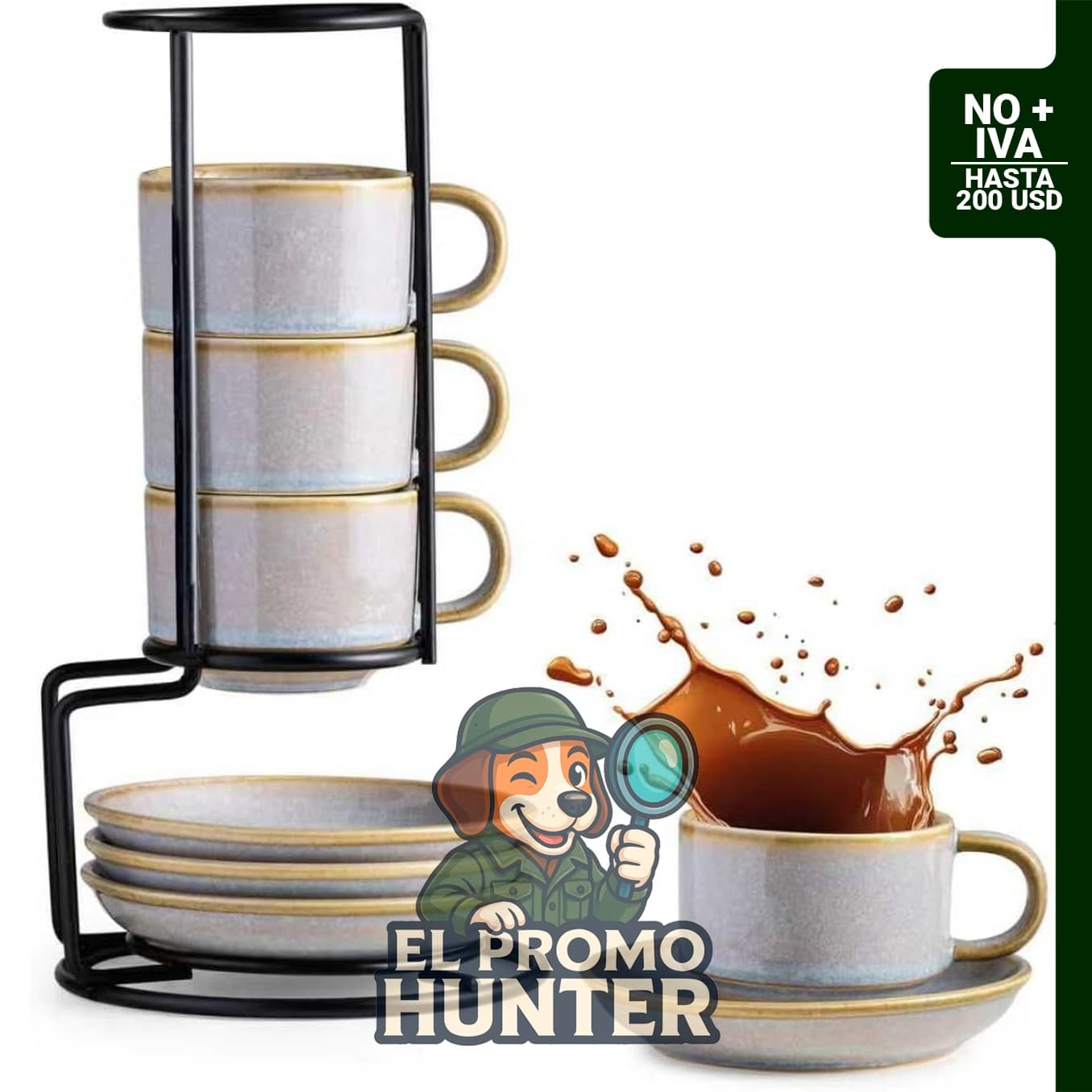 Gomakren juego de 4 tazas apilables de 74 ml con platillos y soporte, color gris.