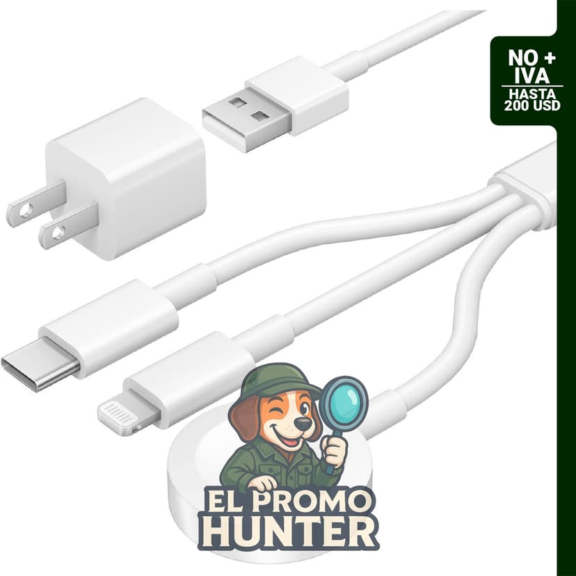 Cargador 3 en 1 para Apple Watch y iPhone, incluye cable de carga USB A de 5 W.