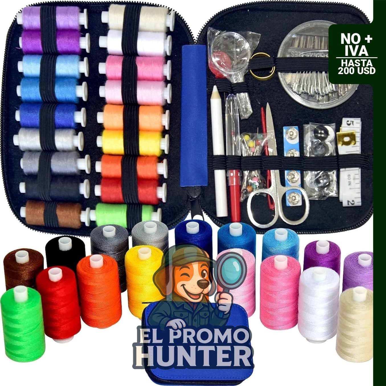 Kit de costura portátil con 18 hilos, tijeras, agujas y otros suministros.
