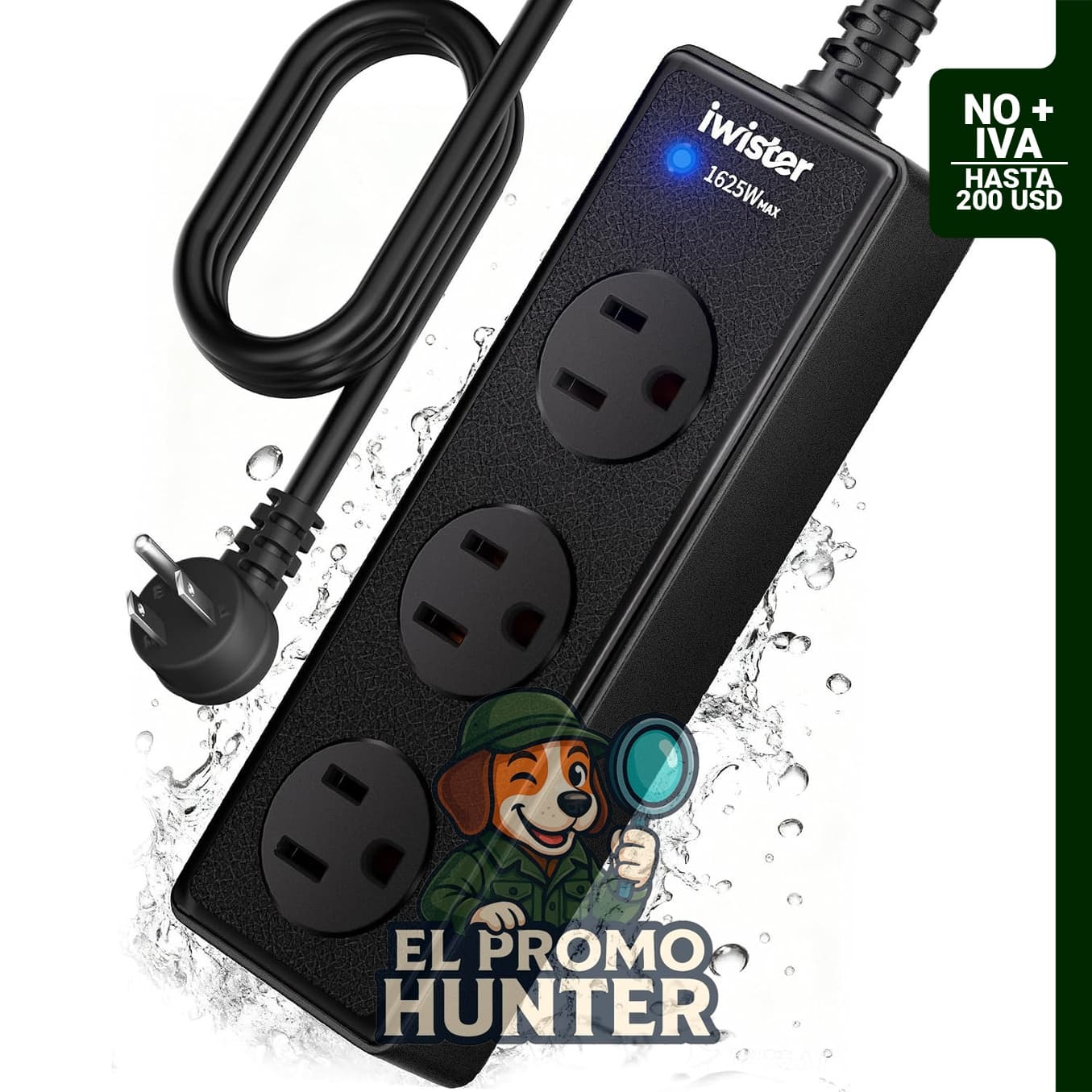 Regleta de alimentación para exteriores con 3 salidas de CA, 1625 W/13 A, cable impermeable IPX6.
