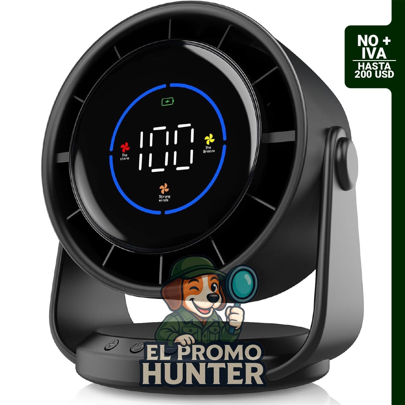 Ventilador de escritorio turbo con pantalla digital, 100 velocidades, batería recargable y diseño ajustable.