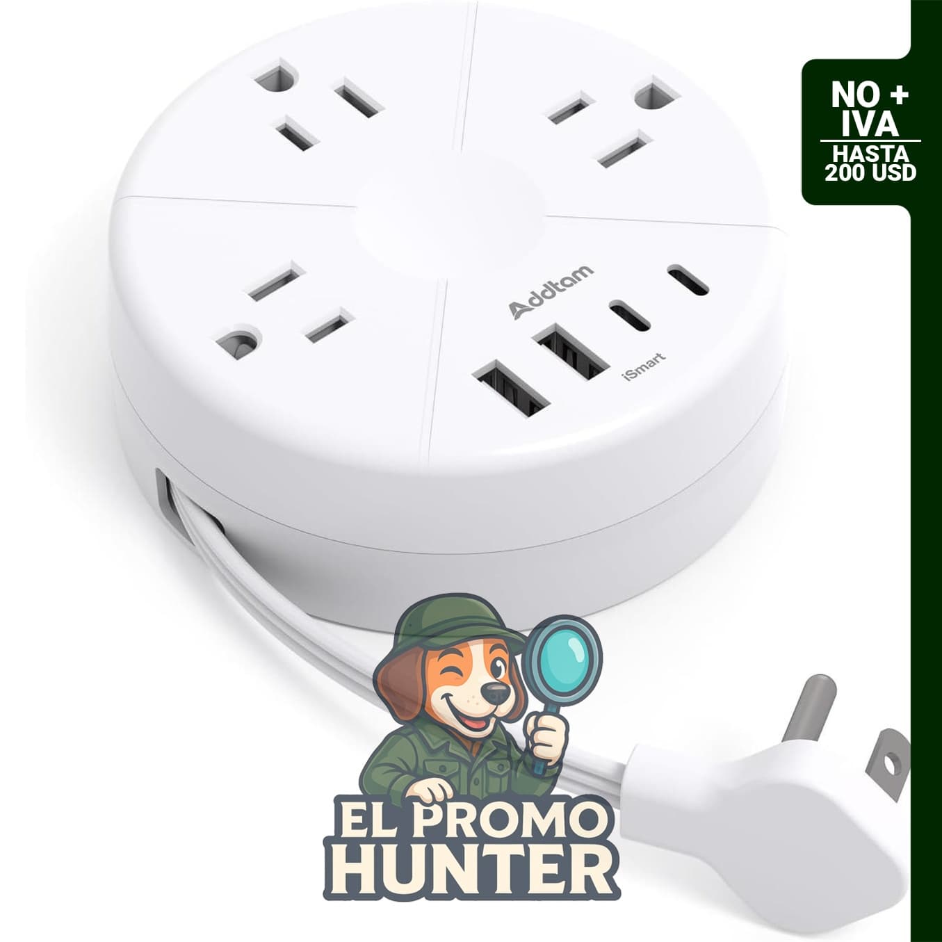 Addtam regleta de alimentación con 3 tomacorrientes y 4 puertos USB (2 USB C), cable retráctil de 30.5 cm.