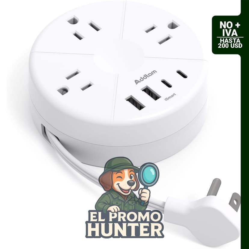 Addtam regleta de alimentación con 3 tomacorrientes y 4 puertos USB (2 USB C), cable retráctil de 30.5 cm.