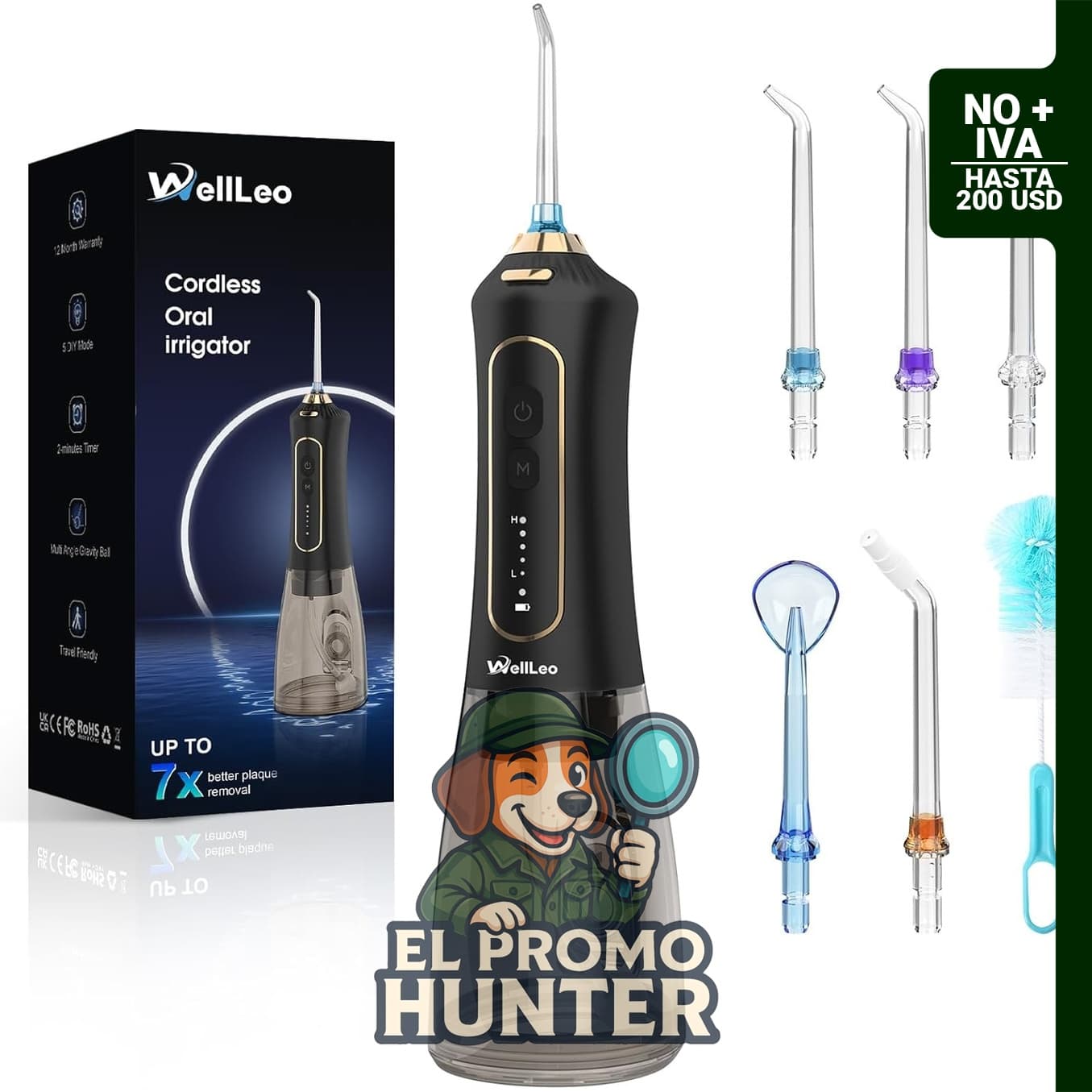 WellLeo irrigador oral inalámbrico recargable de 300 ml, con 5 modos y 5 puntas de chorro, IPX7 resistente al agua.