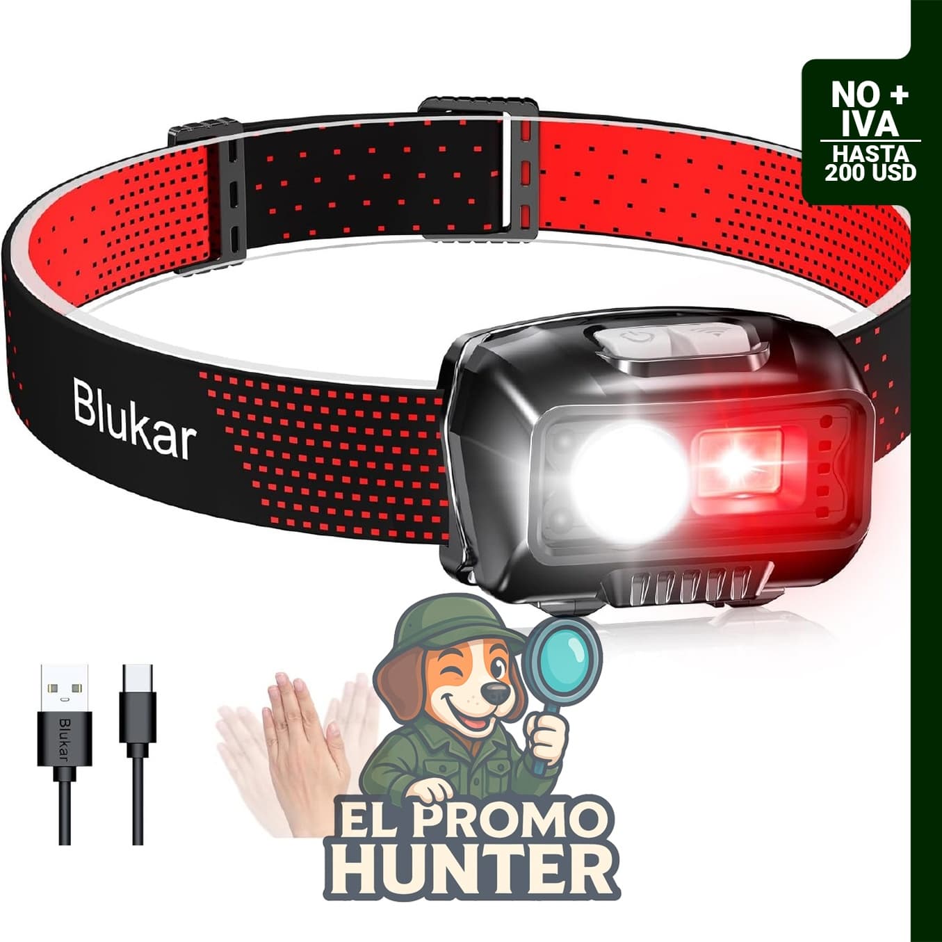 Blukar Linterna frontal LED recargable de 2000 lúmenes, regulable, con sensor de movimiento y 8 modos de iluminación.